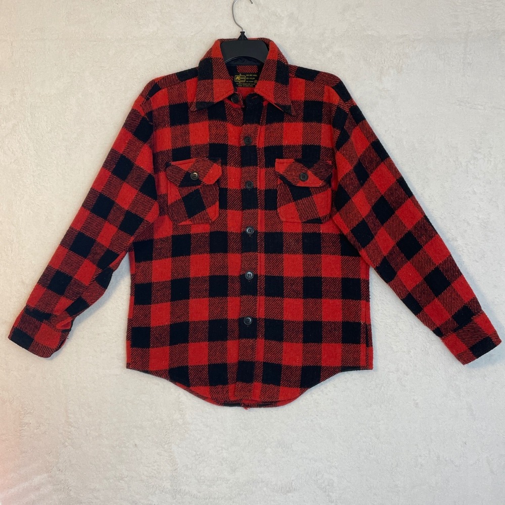 Vintage Kmart Red Black Buffalo Plaid Wool Blend Shirt Jacket Men's Size S Warm
